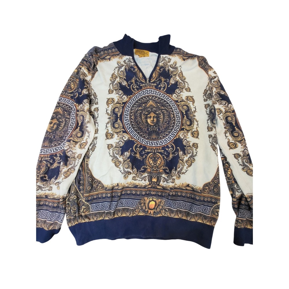 Prestige Original Mens XL Navy Gold Baroque Medusa Quarter Zip Cotton Sweater